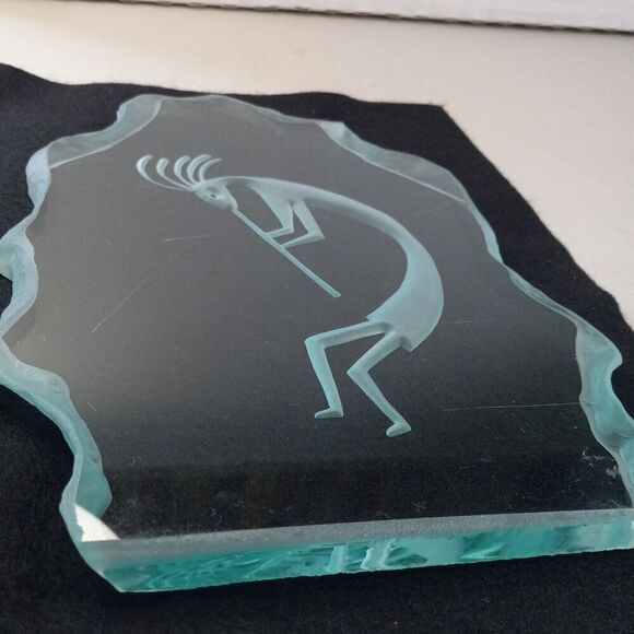 Kokopelli Dancer Flute Playing Turquoise Blue Etched Thick Glass Southwestern